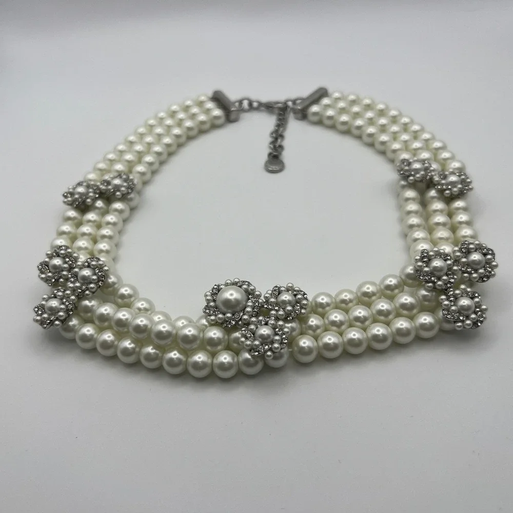 Charter Club Faux Pearl‎ Triple Strand Crystal Flower Statement Necklace Silver